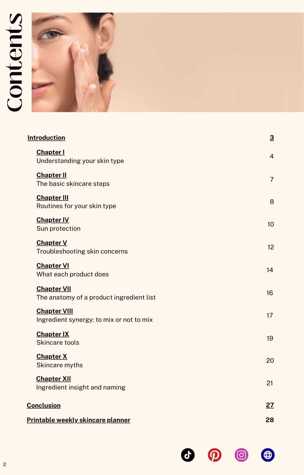 Table of contents from 'Your Ultimate Skincare Handbook' by Dolce Amara, listing chapters on skin types, skincare routines, sun protection, and product information. A close-up image of a woman touching her face, indicating healthy skin, is on the left sid