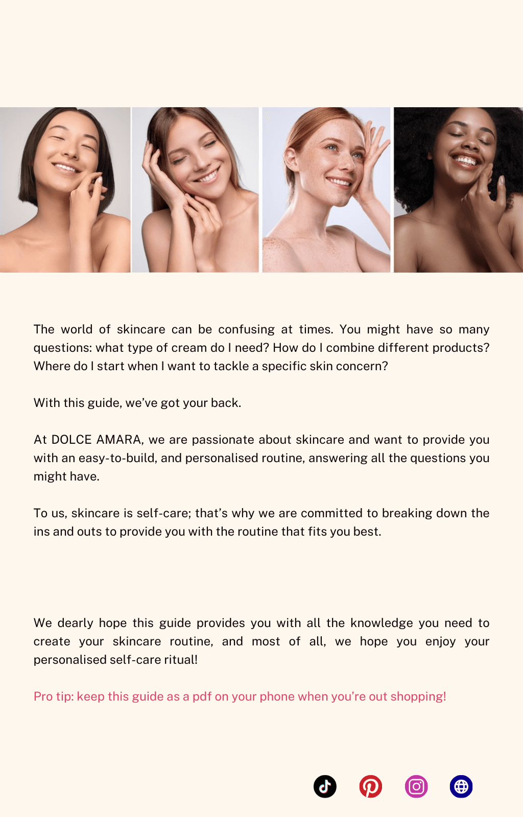 Final page of 'Your Ultimate Skincare Handbook' by Dolce Amara, featuring two smiling women with radiant skin. The text provides closing remarks, emphasizing the brand’s dedication to easy-to-follow, personalized skincare routines.