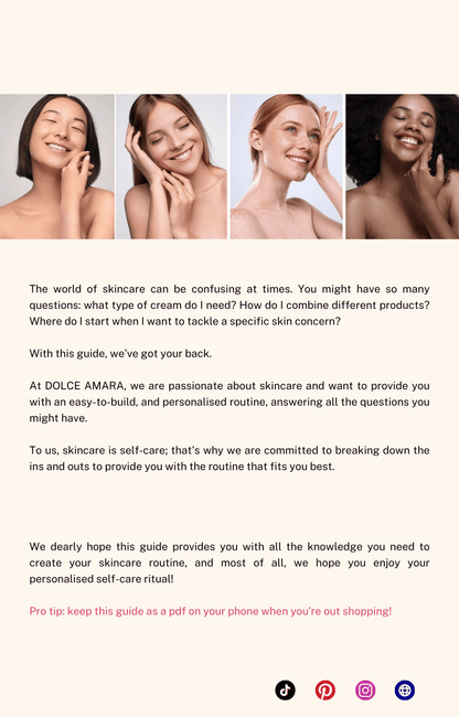 Final page of 'Your Ultimate Skincare Handbook' by Dolce Amara, featuring two smiling women with radiant skin. The text provides closing remarks, emphasizing the brand’s dedication to easy-to-follow, personalized skincare routines.